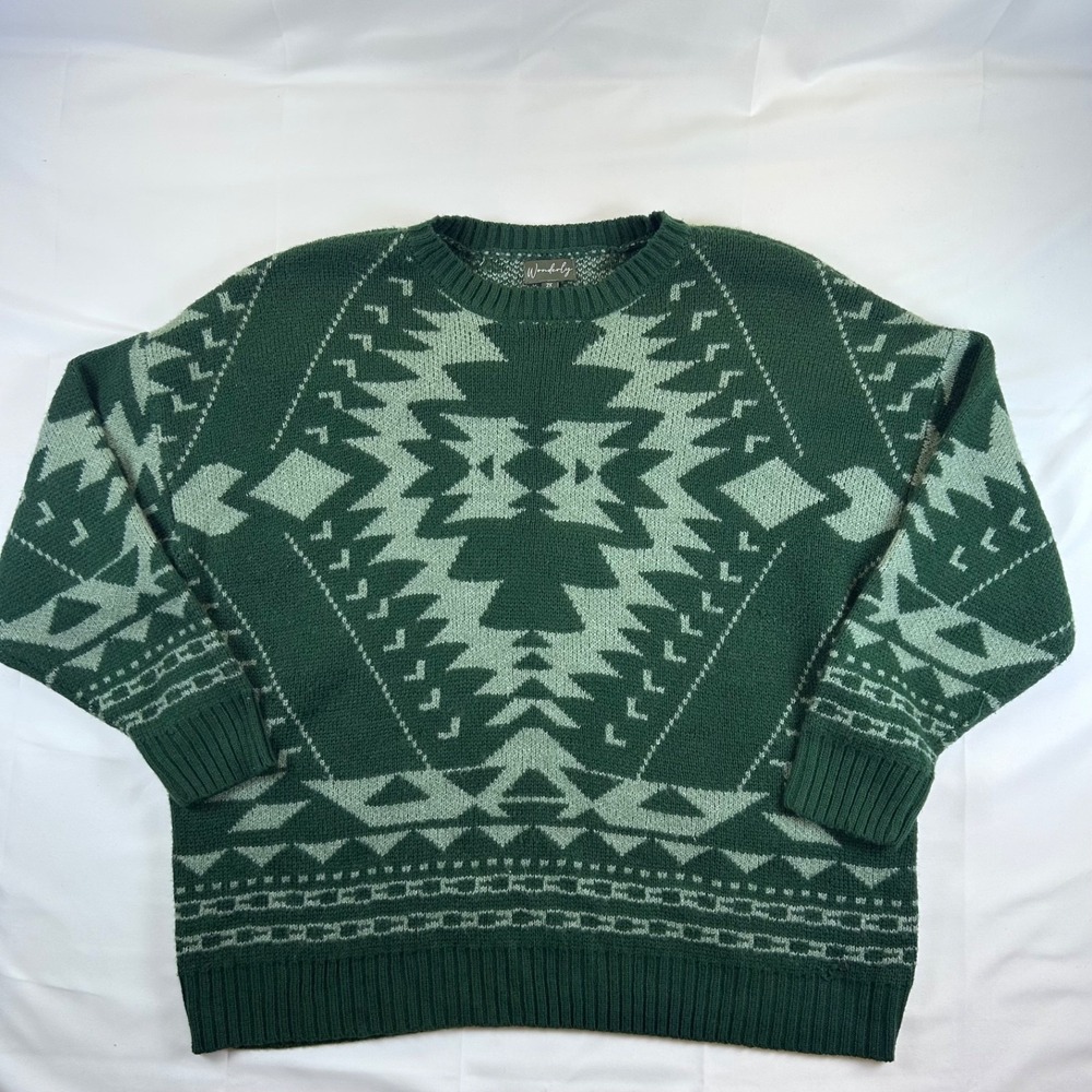 Wonderly Women's Aztec Retro Sweater‎ Green Size 2X Southwest Pattern Cabincore - Picture 2 of 10